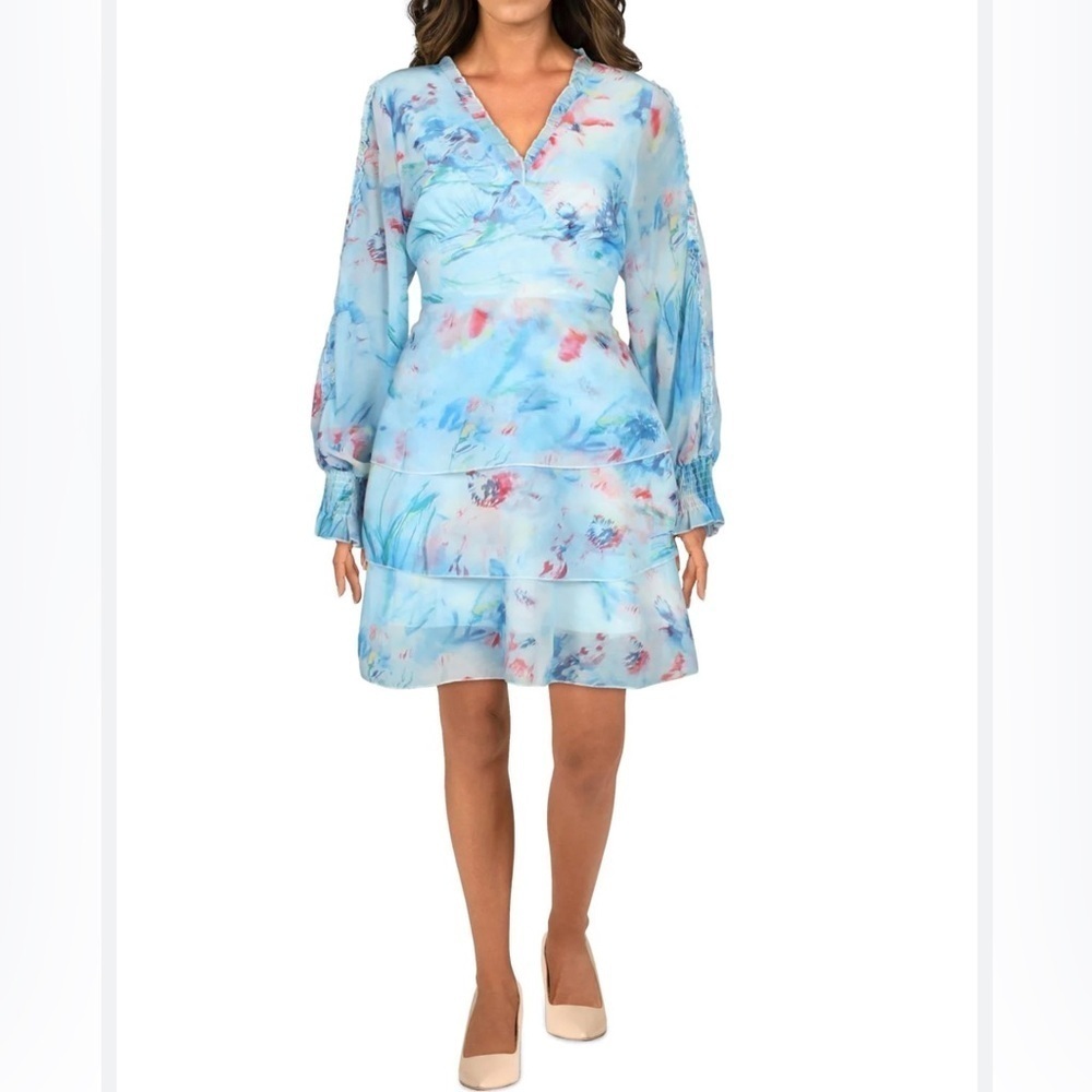Beulah | Printed Tiered Mini Fit & Flare Dress In Blue